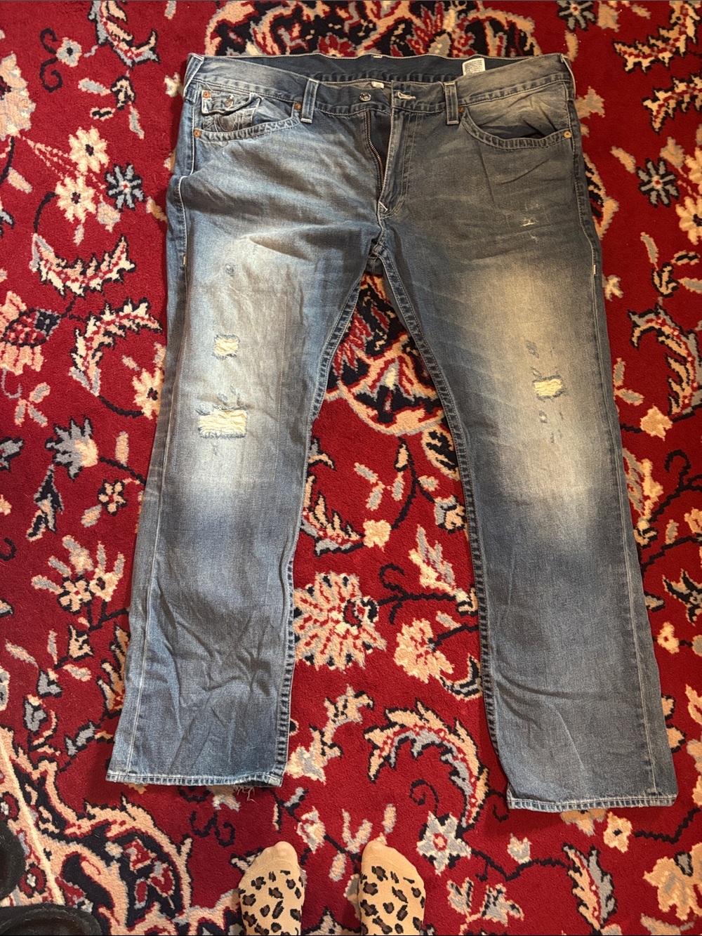 True Religion Men's Distressed Light Blue Straight Jeans. 44x32